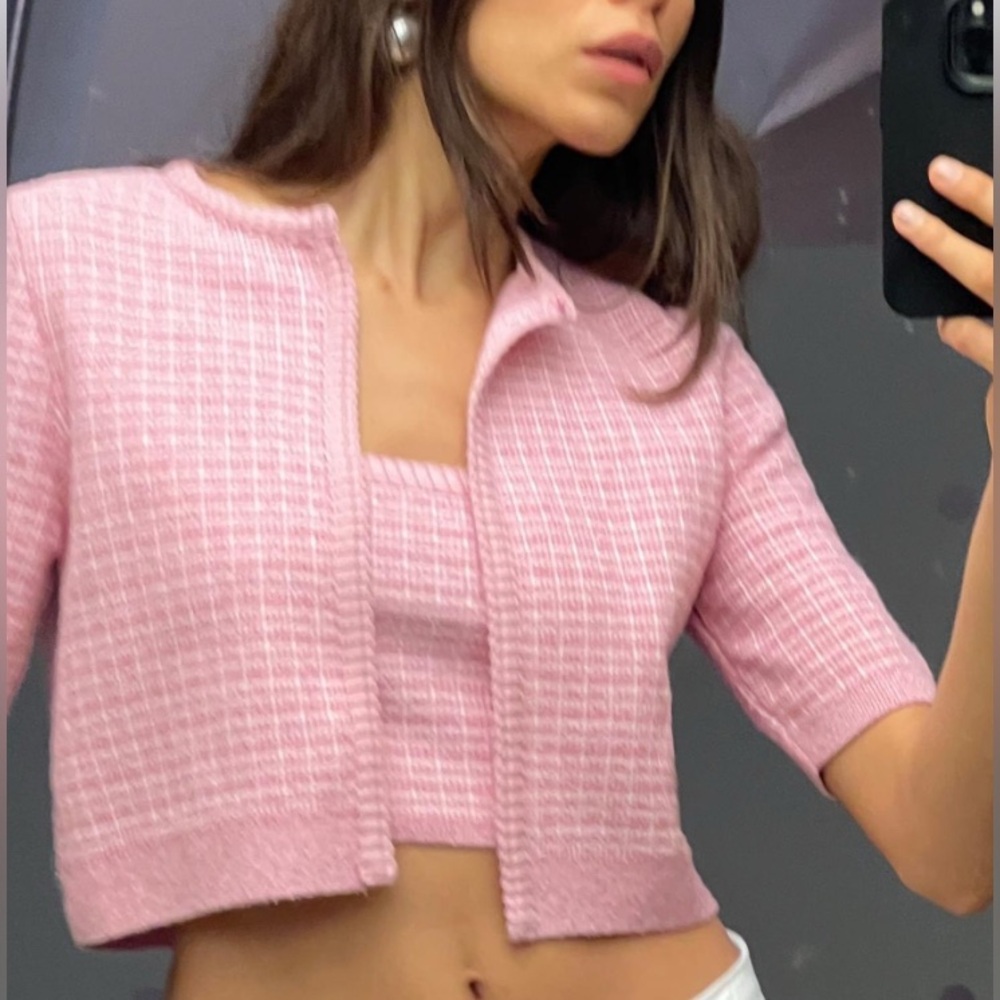 ZARA Open Cropped Sweater Top Short Sleeves Pink S NWT - Picture 1 of 8